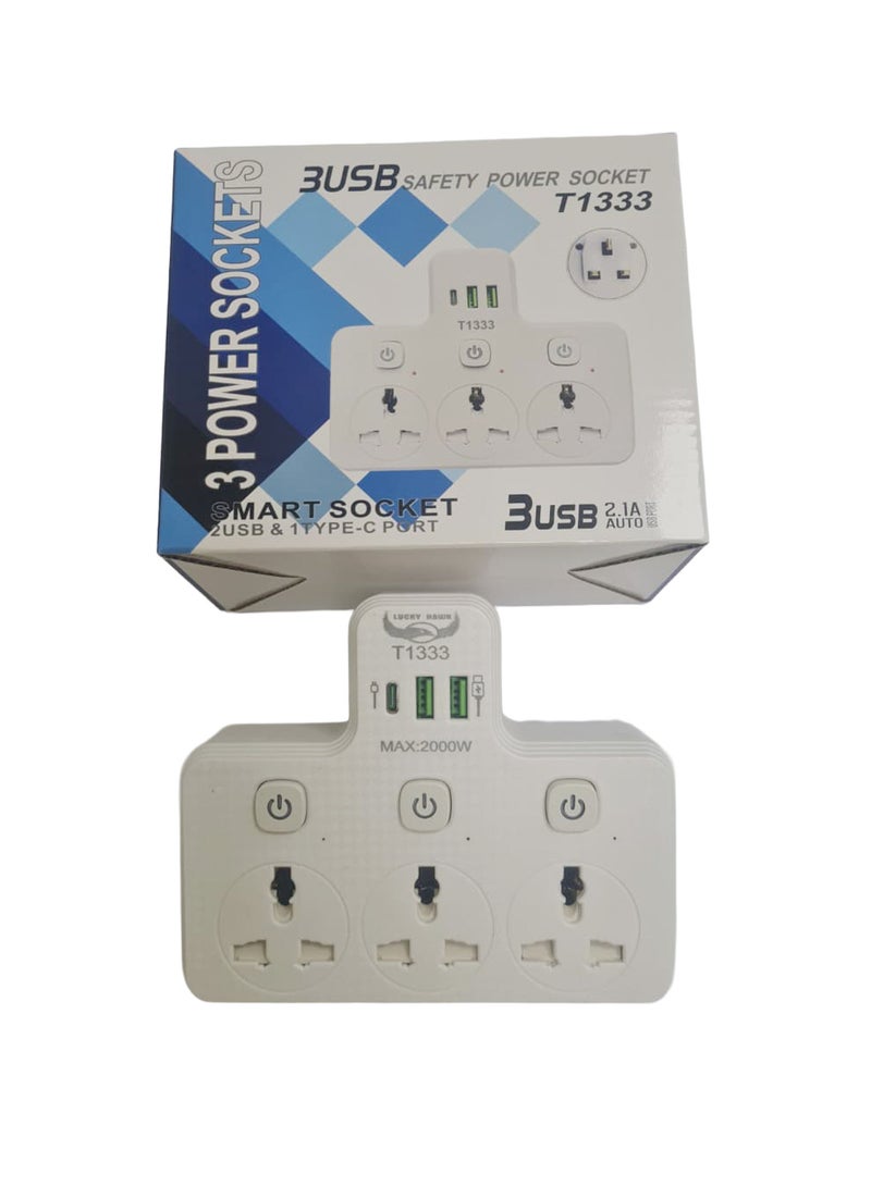 Lucky Hawk محول حائط مع 3 مقابس عالمية، 2 منفذ USB و 1 منفذ Type-C، تمديد متعدد للمقابس مع 3 مفاتيح فردية، مقبس طاقة ذكي 2000 واط، شحن سريع 2.1A للمنزل، المكتب والسفر أبيض - Image 3